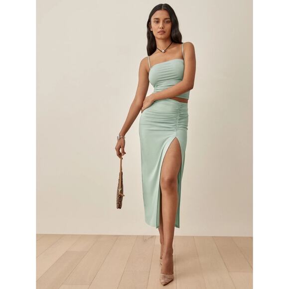 Reformation Dunne Skirt Sage Green Ruched Slit Midi – Size M - Picture 1 of 5